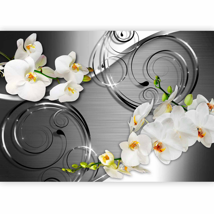 Wall Mural Expectation - white orchid flowers with ornaments on a silver background 59715 additionalImage 1