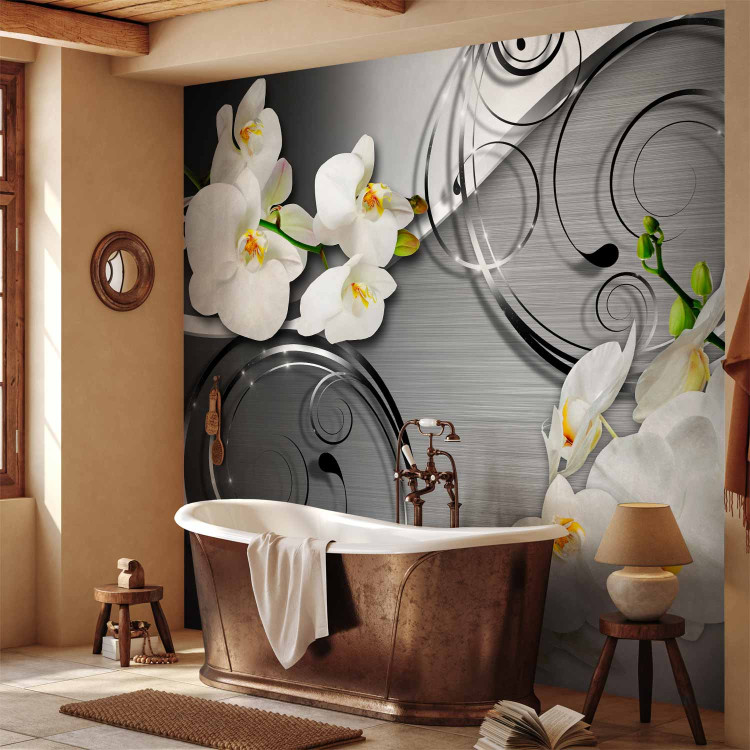 Wall Mural Expectation - white orchid flowers with ornaments on a silver background 59715 additionalImage 8
