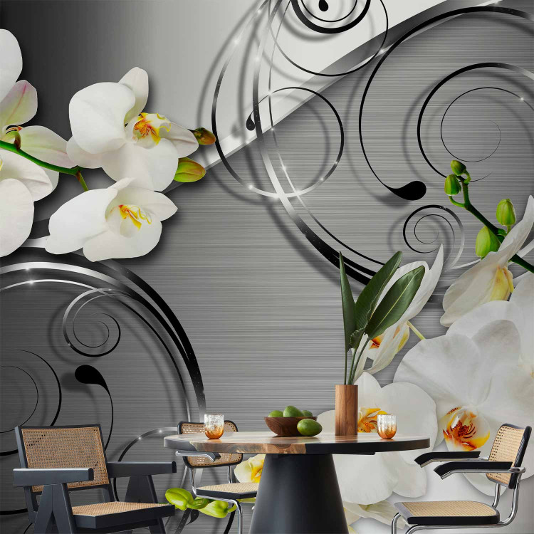 Wall Mural Expectation - white orchid flowers with ornaments on a silver background 59715 additionalImage 4