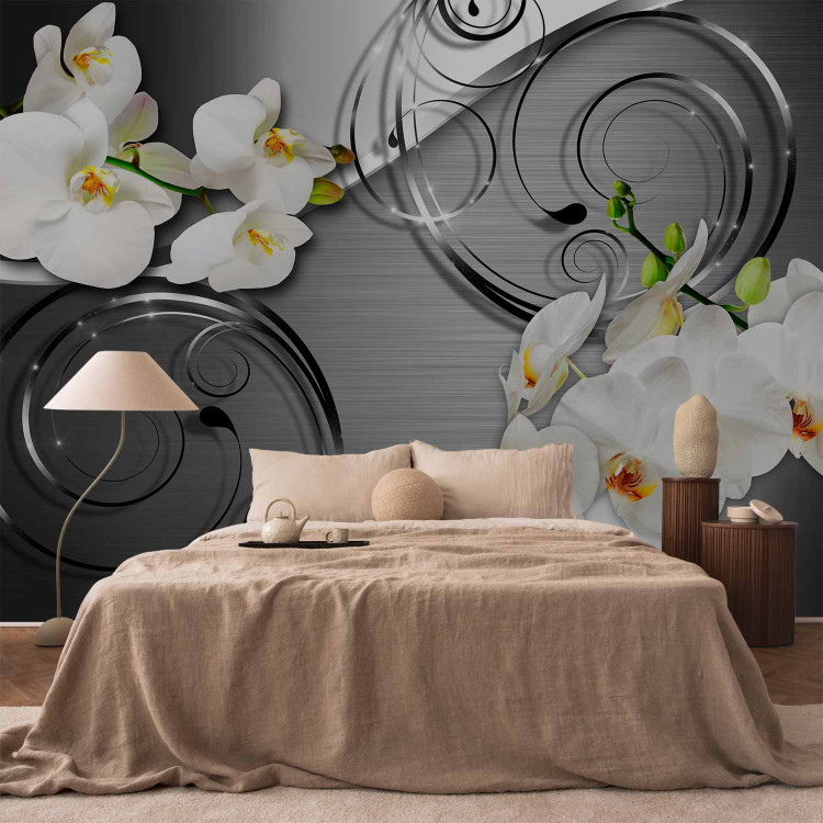 Wall Mural Expectation - white orchid flowers with ornaments on a silver background 59715 additionalImage 2