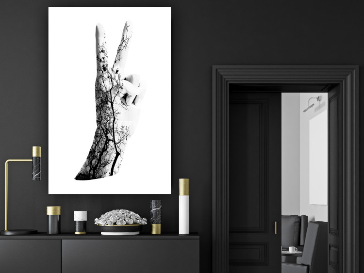 Wall Poster Victory - black and white abstraction with a hand showing the victory sign 117025 additionalImage 17