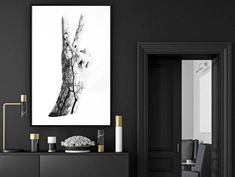 Wall Poster Victory - black and white abstraction with a hand showing the victory sign 117025 additionalImage 5