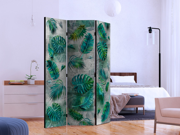 Folding Screen Modernist Jungle - tropical green leaves on a concrete background 118525 additionalImage 2