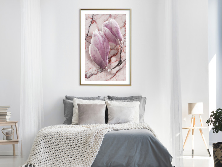 Wall Poster Marble Magnolia - pink flowers on a background of white marble texture 122725 additionalImage 13