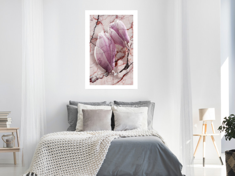 Wall Poster Marble Magnolia - pink flowers on a background of white marble texture 122725 additionalImage 2
