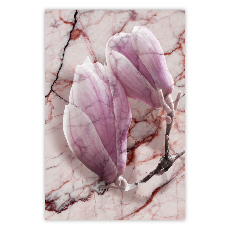 Wall Poster Marble Magnolia - pink flowers on a background of white marble texture 122725