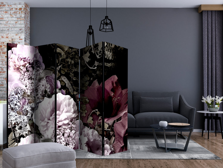 Room Separator Vintage Garden II (5-piece) - pink flowers and leaves on a black background 124025 additionalImage 4