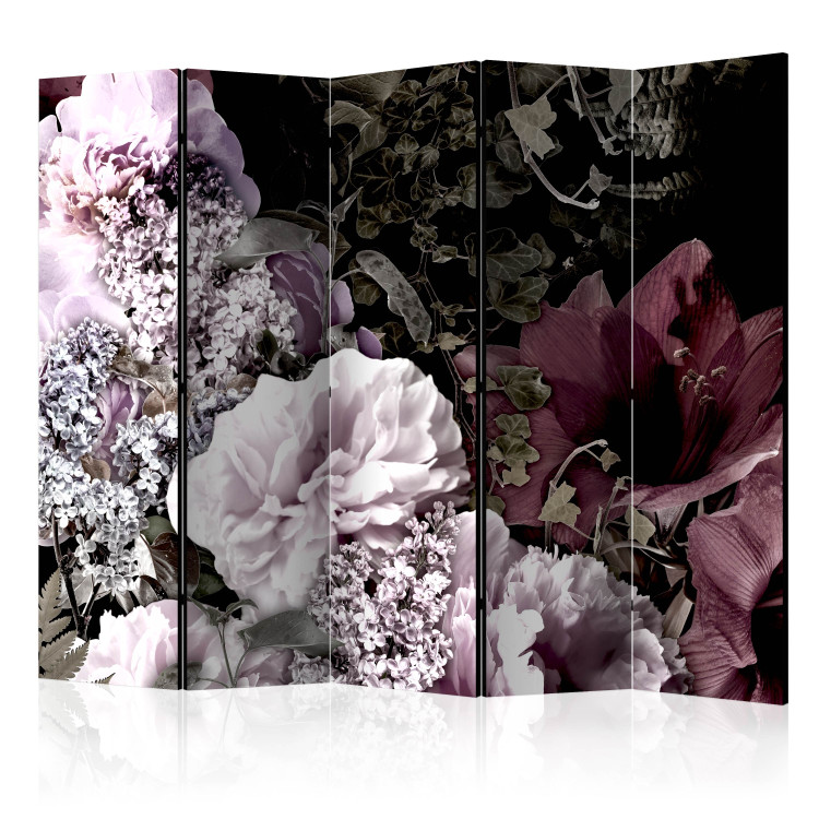 Room Separator Vintage Garden II (5-piece) - pink flowers and leaves on a black background 124025