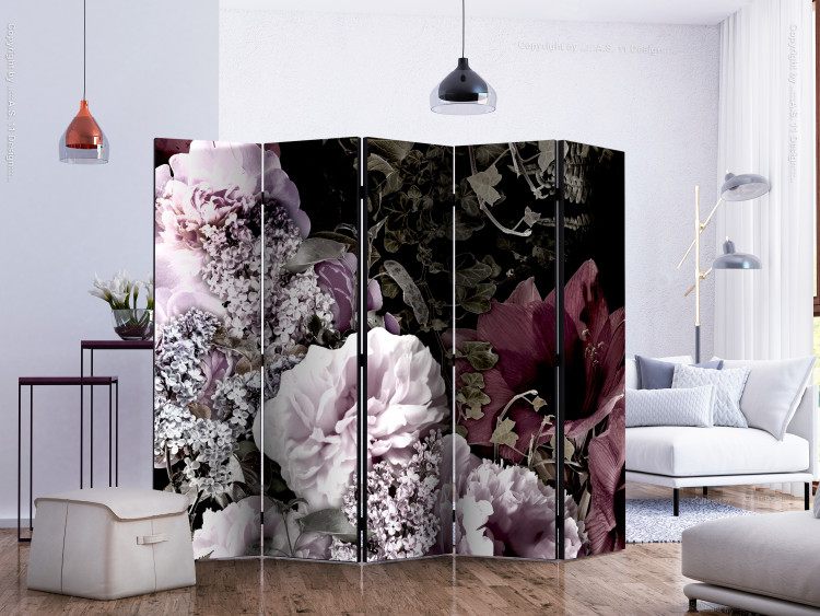 Room Separator Vintage Garden II (5-piece) - pink flowers and leaves on a black background 124025 additionalImage 2