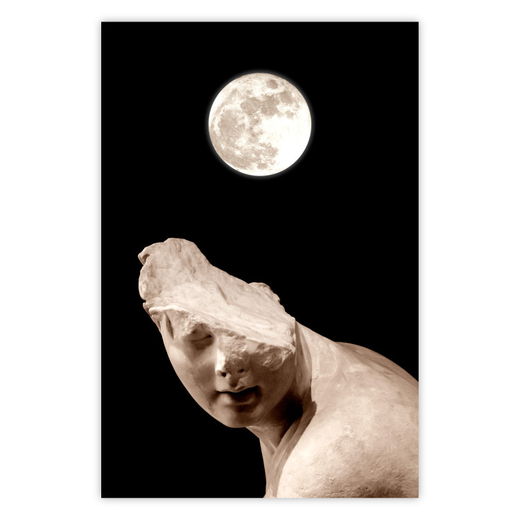 Poster Moon and Statue - whimsical sculpture without half of the head on a black background 129725