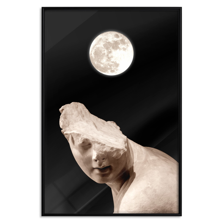 Poster Moon and Statue - whimsical sculpture without half of the head on a black background 129725 additionalImage 18