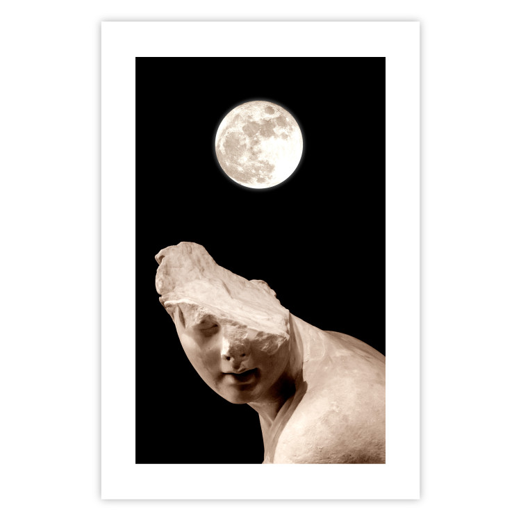 Poster Moon and Statue - whimsical sculpture without half of the head on a black background 129725 additionalImage 25