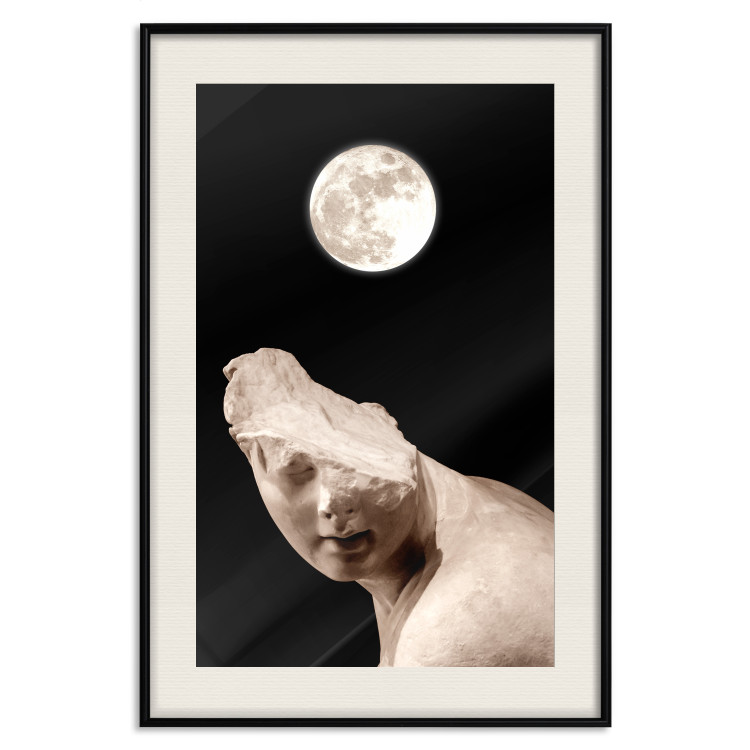 Poster Moon and Statue - whimsical sculpture without half of the head on a black background 129725 additionalImage 19