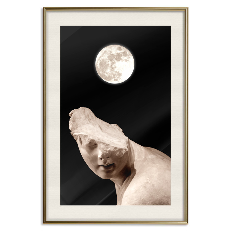 Poster Moon and Statue - whimsical sculpture without half of the head on a black background 129725 additionalImage 20
