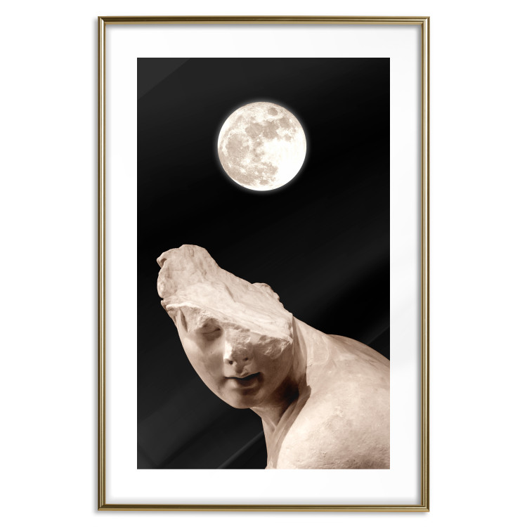 Poster Moon and Statue - whimsical sculpture without half of the head on a black background 129725 additionalImage 14