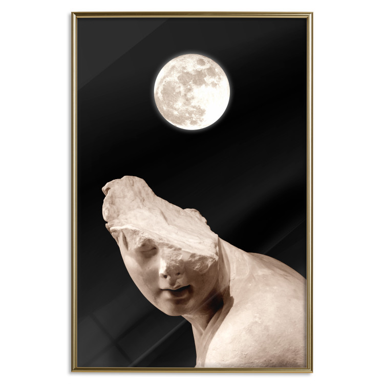 Poster Moon and Statue - whimsical sculpture without half of the head on a black background 129725 additionalImage 17