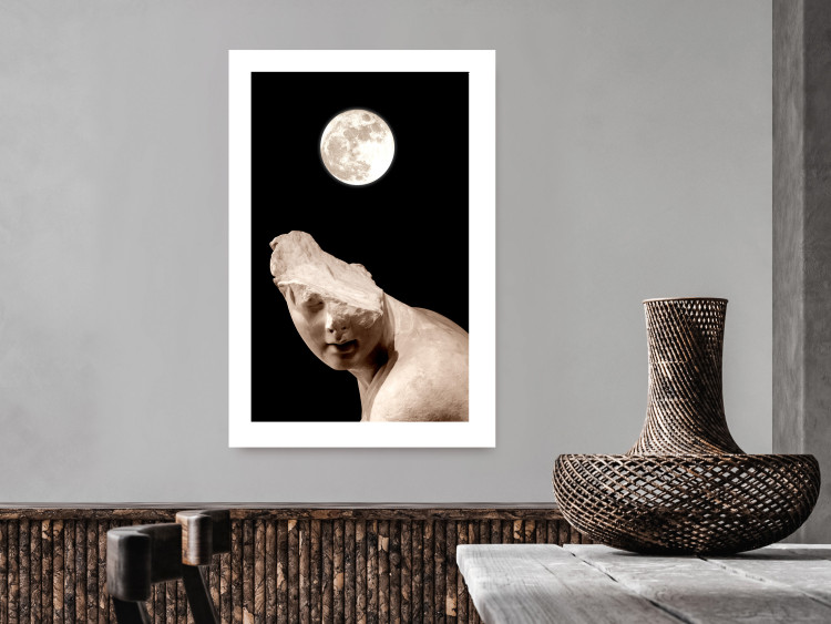 Poster Moon and Statue - whimsical sculpture without half of the head on a black background 129725 additionalImage 5