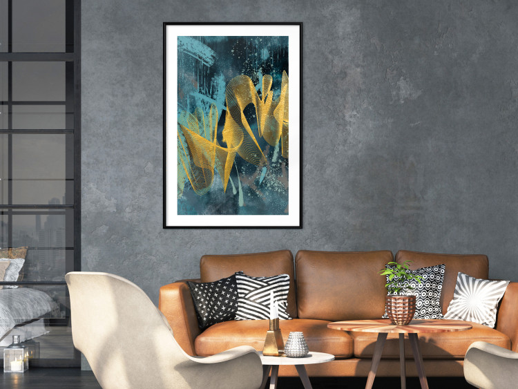 Poster Golden Waves - golden waves on a blue texture in an abstract style 131925 additionalImage 23