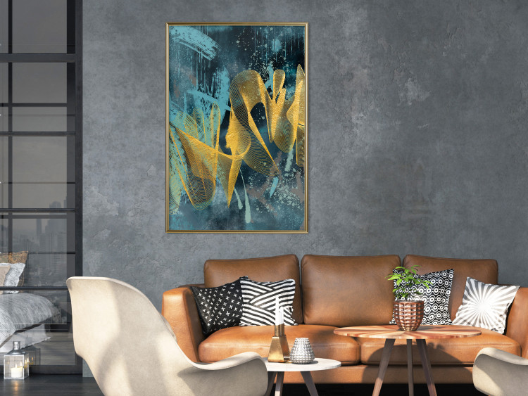 Poster Golden Waves - golden waves on a blue texture in an abstract style 131925 additionalImage 7
