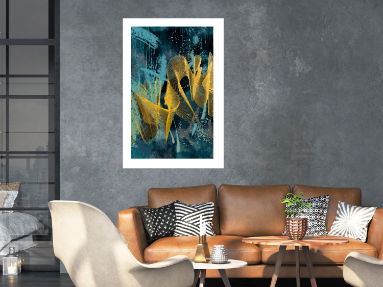 Poster Golden Waves - golden waves on a blue texture in an abstract style 131925 additionalImage 3