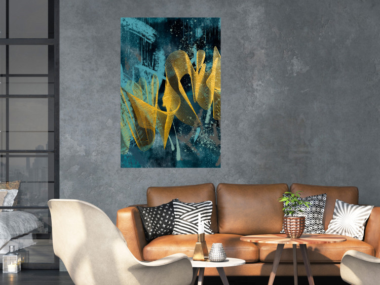 Poster Golden Waves - golden waves on a blue texture in an abstract style 131925 additionalImage 2