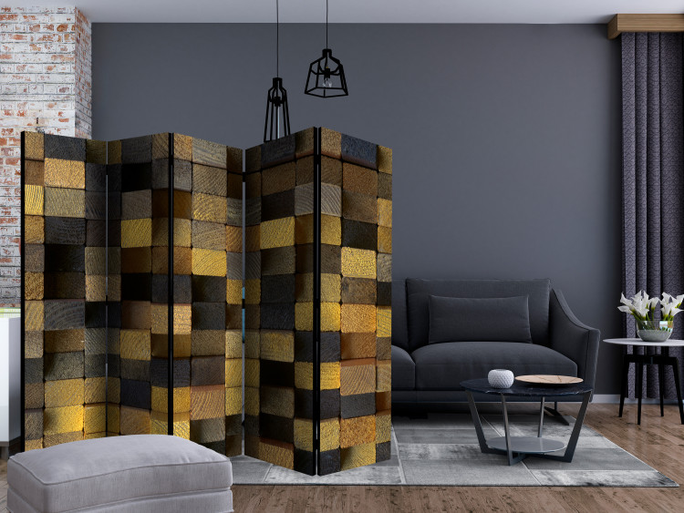 Room Divider Wooden Cubes II (5-piece) - checkered background in dark colors 133025 additionalImage 4