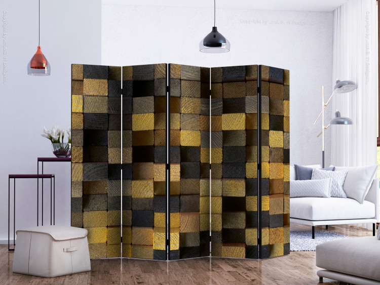 Room Divider Wooden Cubes II (5-piece) - checkered background in dark colors 133025 additionalImage 2