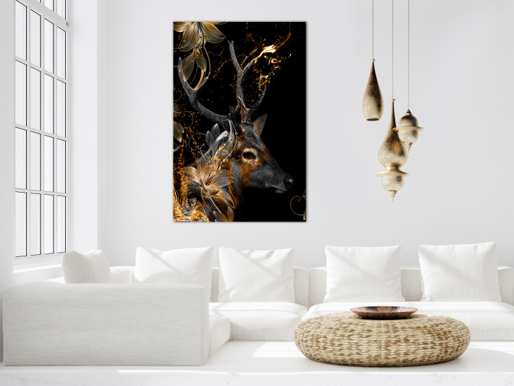 Canvas Art Print Holy deer - animal with golden applications on a black background 134625 additionalImage 3