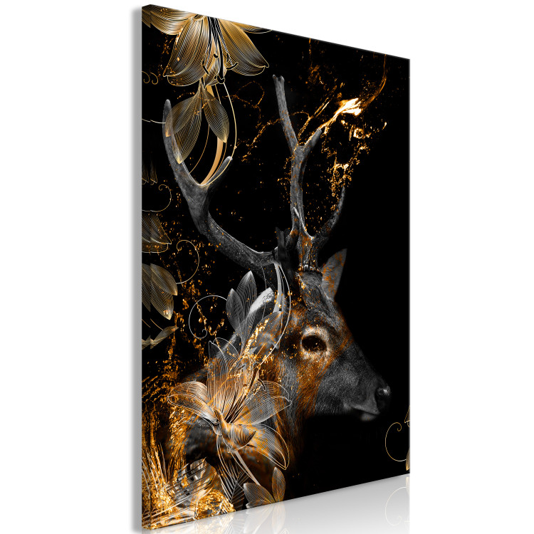 Canvas Art Print Holy deer - animal with golden applications on a black background 134625 additionalImage 2