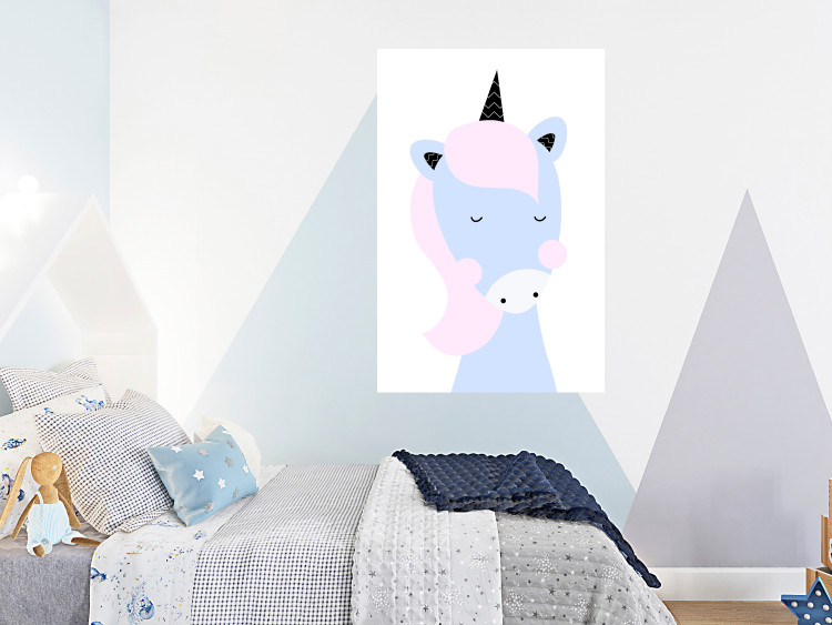 Poster Sweet Unicorn - playful blue animal with a horn on a light background 138125 additionalImage 17
