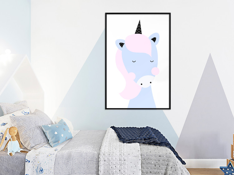 Poster Sweet Unicorn - playful blue animal with a horn on a light background 138125 additionalImage 18