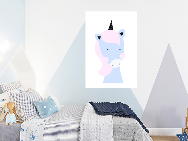 Poster Sweet Unicorn - playful blue animal with a horn on a light background 138125 additionalImage 18