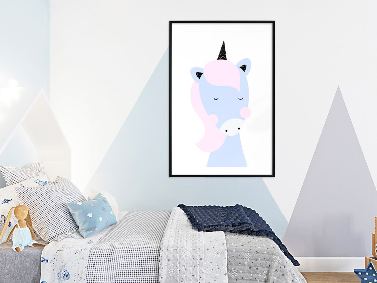 Poster Sweet Unicorn - playful blue animal with a horn on a light background 138125 additionalImage 25