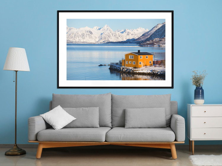 Wall Poster Silence and Peace - winter landscape of a yellow cottage by a lake and mountains 138725 additionalImage 8