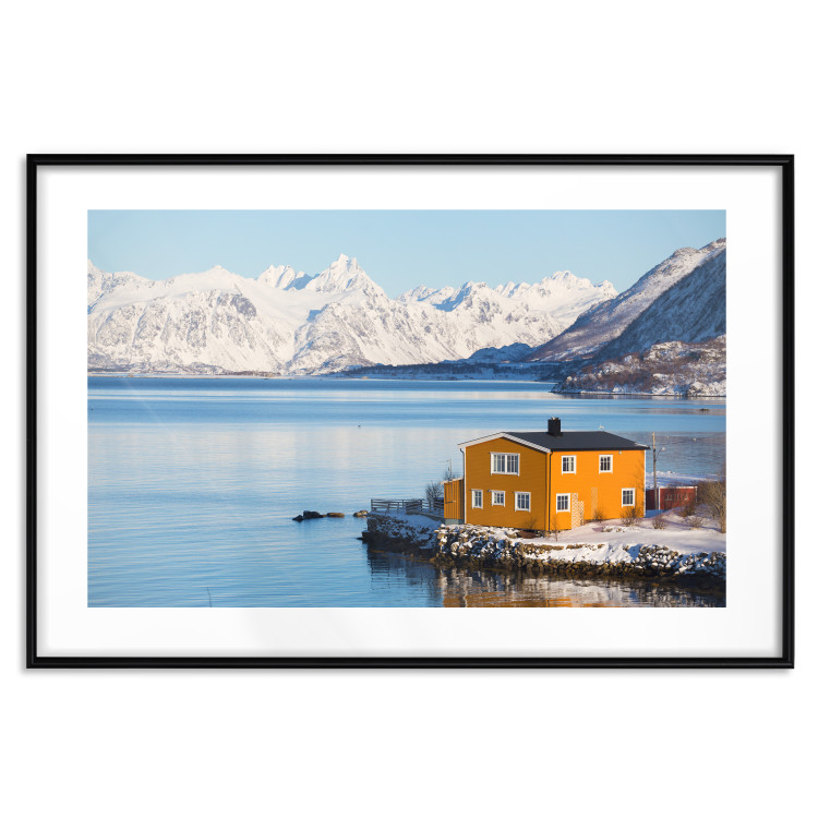 Wall Poster Silence and Peace - winter landscape of a yellow cottage by a lake and mountains 138725 additionalImage 16