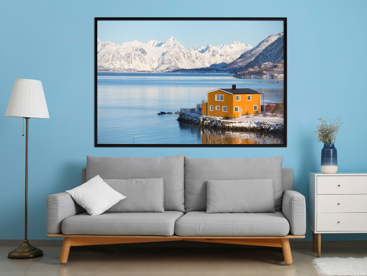 Wall Poster Silence and Peace - winter landscape of a yellow cottage by a lake and mountains 138725 additionalImage 5