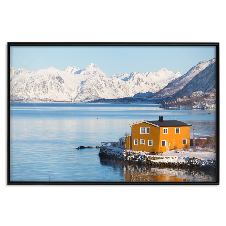 Wall Poster Silence and Peace - winter landscape of a yellow cottage by a lake and mountains 138725 additionalImage 26