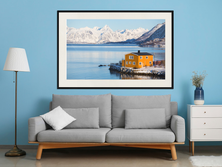 Wall Poster Silence and Peace - winter landscape of a yellow cottage by a lake and mountains 138725 additionalImage 21