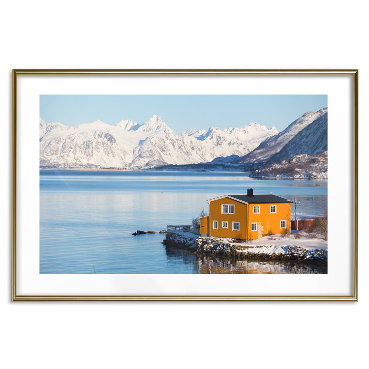 Wall Poster Silence and Peace - winter landscape of a yellow cottage by a lake and mountains 138725 additionalImage 15