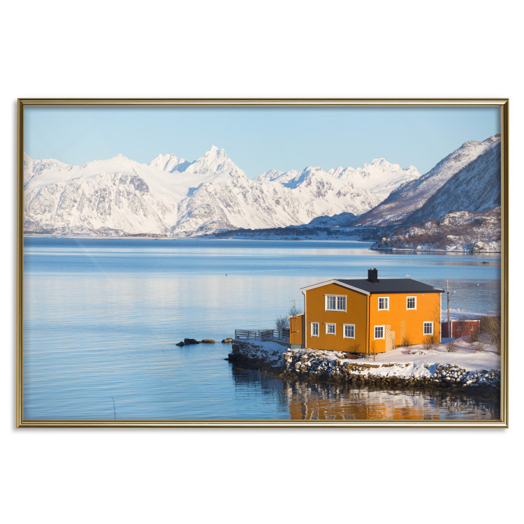 Wall Poster Silence and Peace - winter landscape of a yellow cottage by a lake and mountains 138725 additionalImage 20