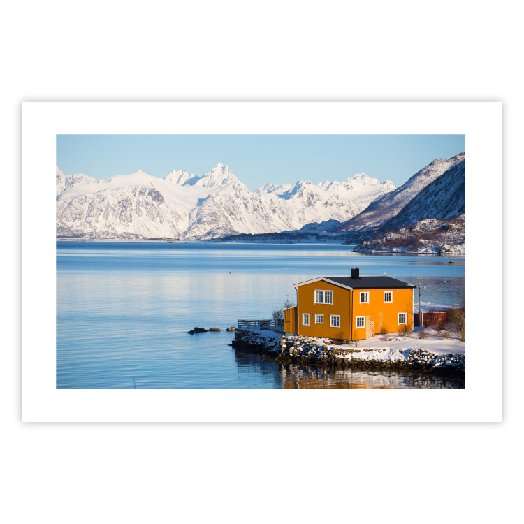 Wall Poster Silence and Peace - winter landscape of a yellow cottage by a lake and mountains 138725 additionalImage 25