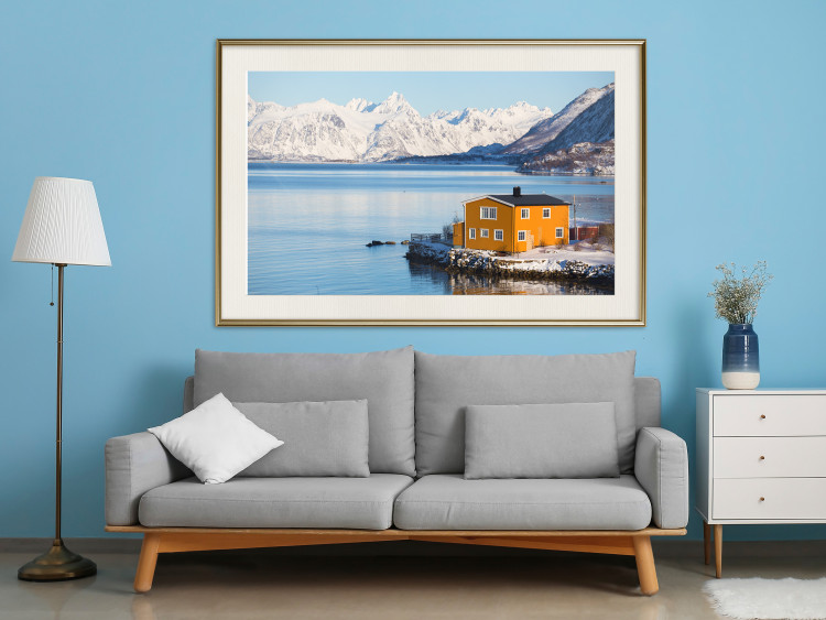 Wall Poster Silence and Peace - winter landscape of a yellow cottage by a lake and mountains 138725 additionalImage 22