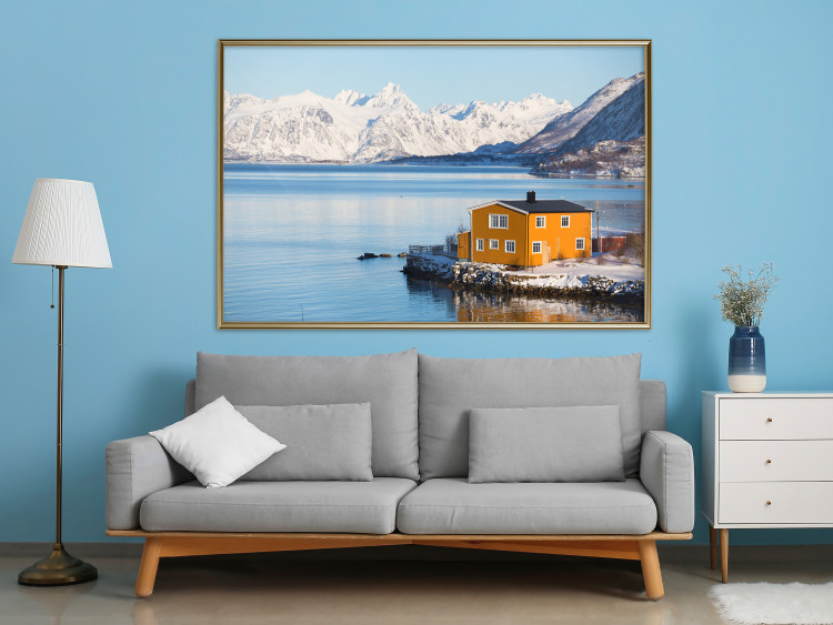 Wall Poster Silence and Peace - winter landscape of a yellow cottage by a lake and mountains 138725 additionalImage 6
