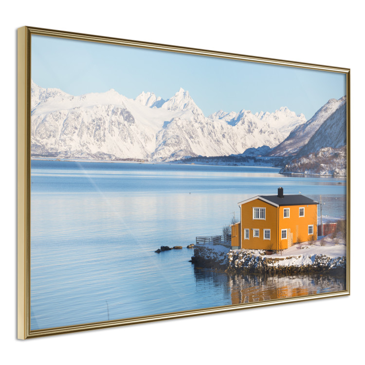 Wall Poster Silence and Peace - winter landscape of a yellow cottage by a lake and mountains 138725 additionalImage 12