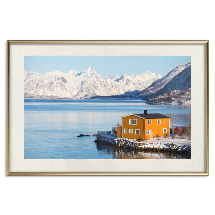 Wall Poster Silence and Peace - winter landscape of a yellow cottage by a lake and mountains 138725 additionalImage 19