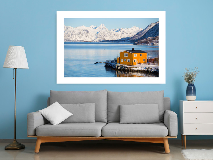Wall Poster Silence and Peace - winter landscape of a yellow cottage by a lake and mountains 138725 additionalImage 13