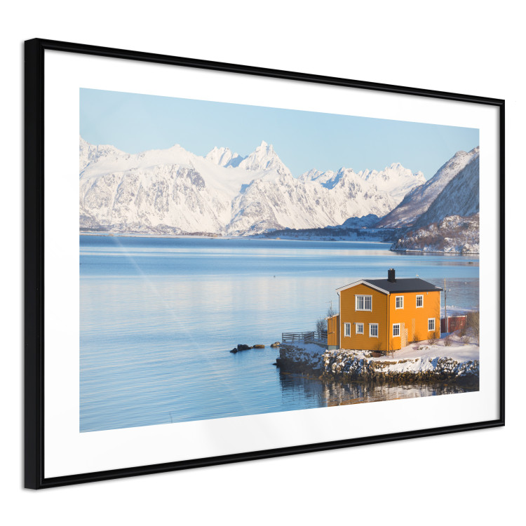 Wall Poster Silence and Peace - winter landscape of a yellow cottage by a lake and mountains 138725 additionalImage 2