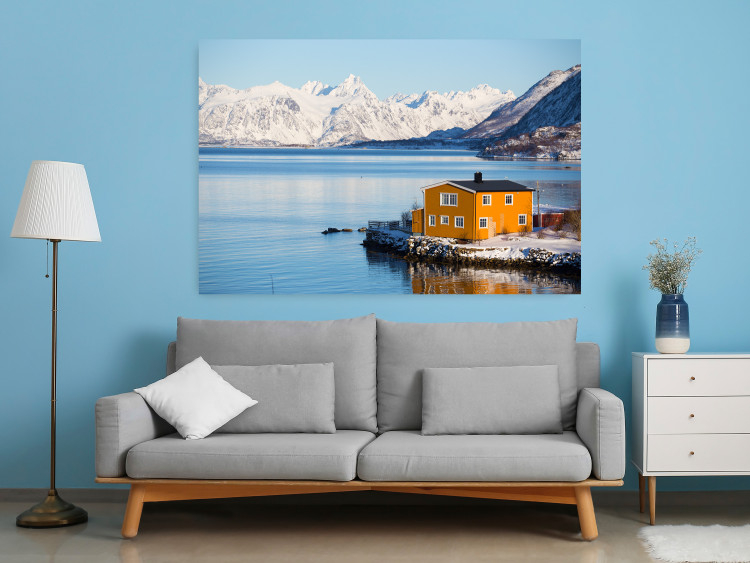 Wall Poster Silence and Peace - winter landscape of a yellow cottage by a lake and mountains 138725 additionalImage 5