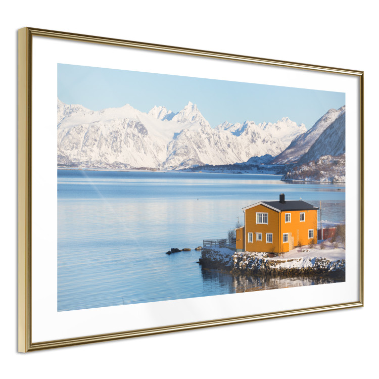 Wall Poster Silence and Peace - winter landscape of a yellow cottage by a lake and mountains 138725 additionalImage 11