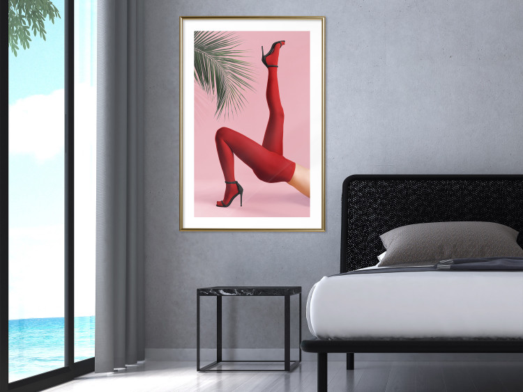 Wall Poster Red Tights - Woman Legs, High Heels and Palm Leaf on a Pink Background 144125 additionalImage 18
